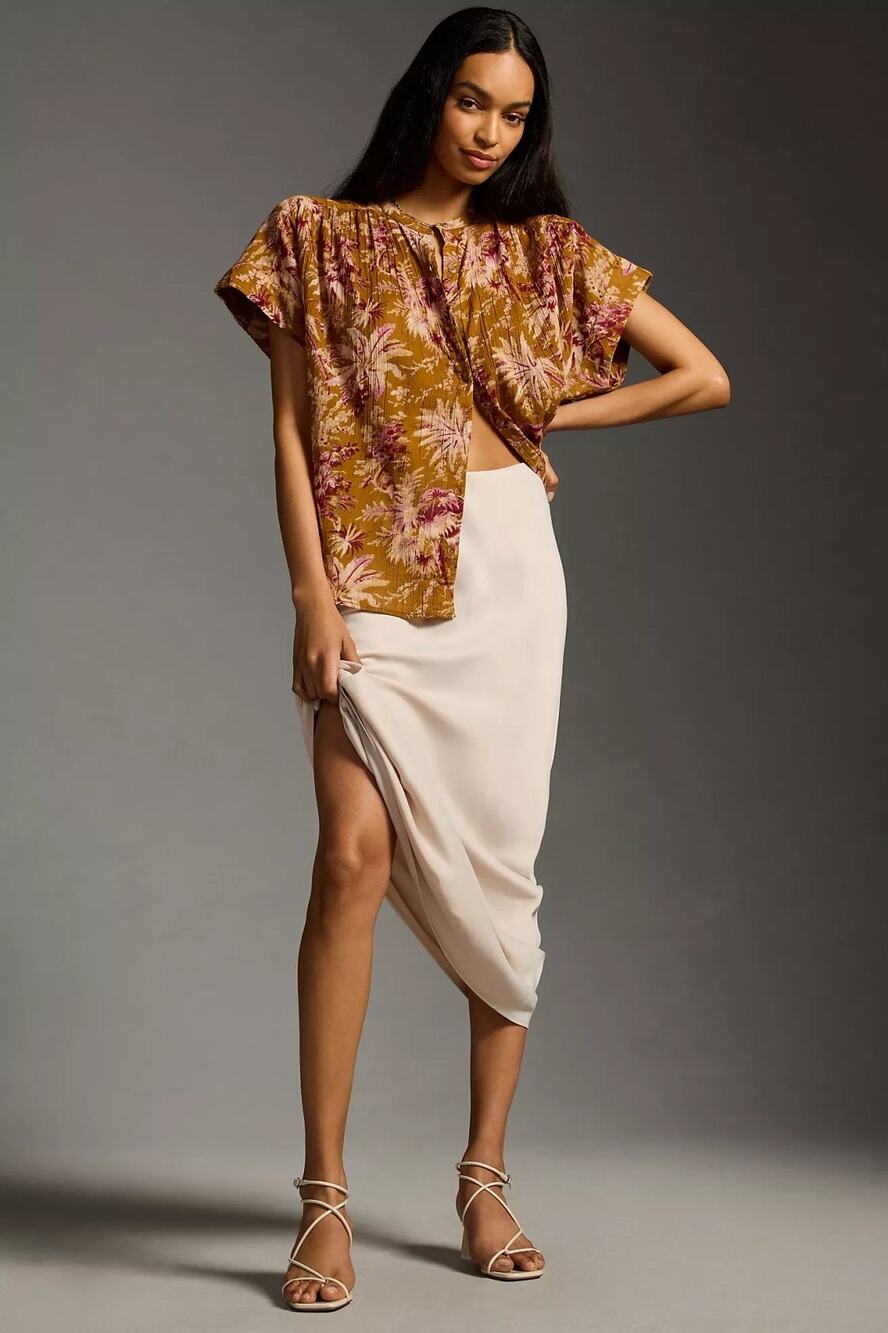 Anthropologie Pilcro Batwing Cotton Brown Pink Floral Short Sleeve Top L XL